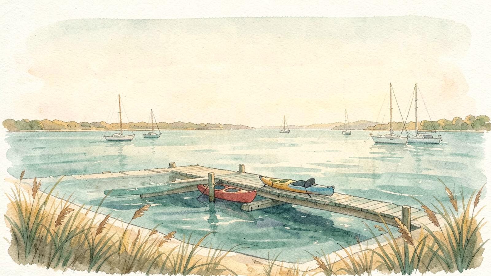 Watercolor of kayaks at a wooden dock on a calm North Shore harbor