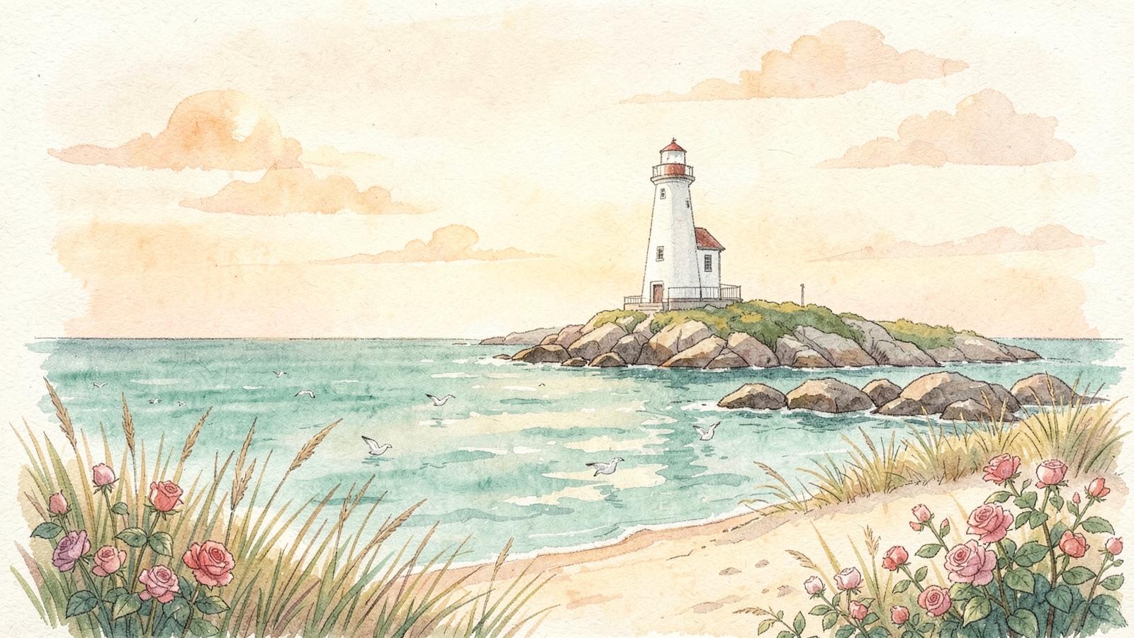 Watercolor of a lighthouse on the Long Island Sound at sunset